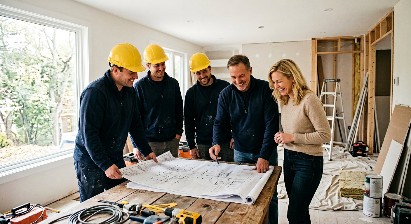 Home Renew Build contractor team reviewing renovation plans with a homeowner in Syracuse, NY