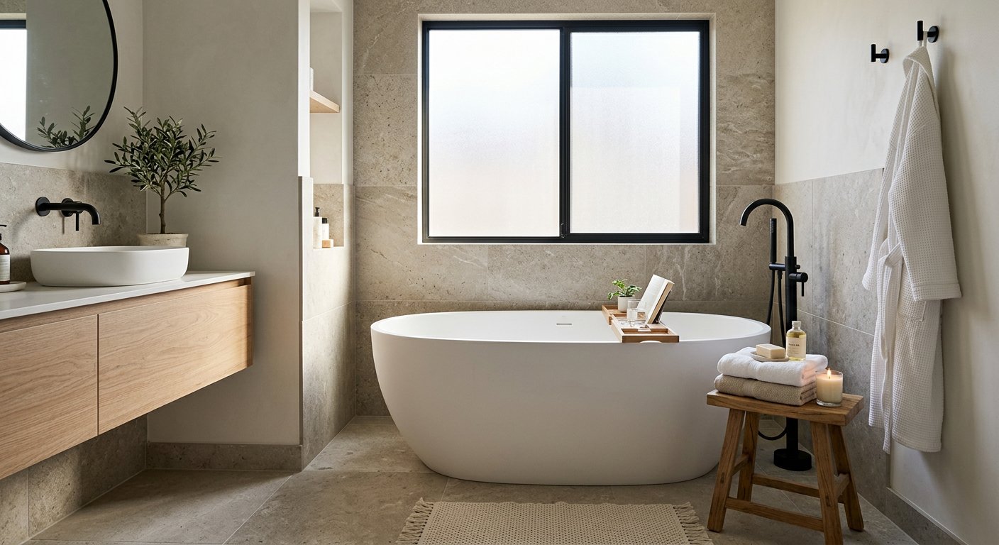 Luxury renovated bathroom with freestanding tub and stone tiles
