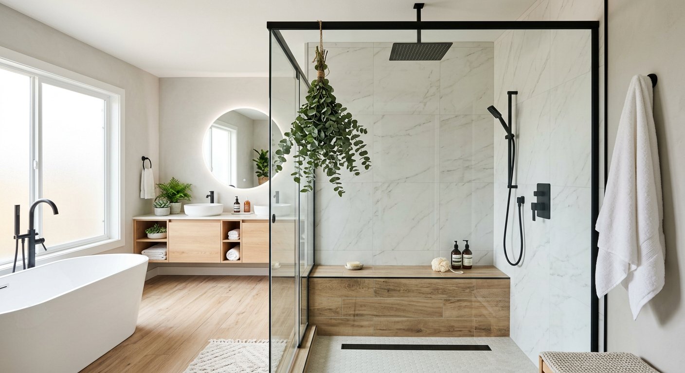 Modern spa-inspired bathroom with walk-in rainfall shower