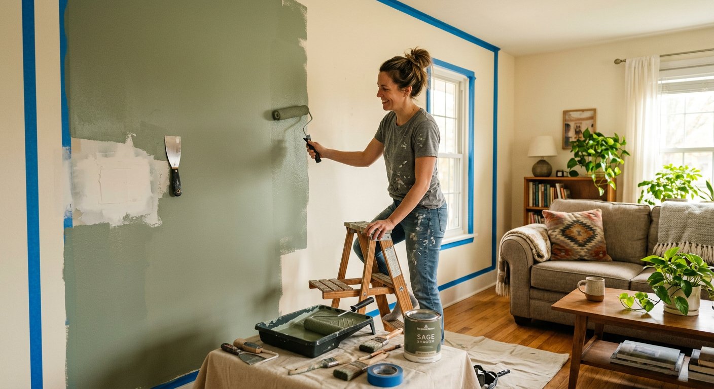 Homeowner painting a sage green accent wall during a budget renovation