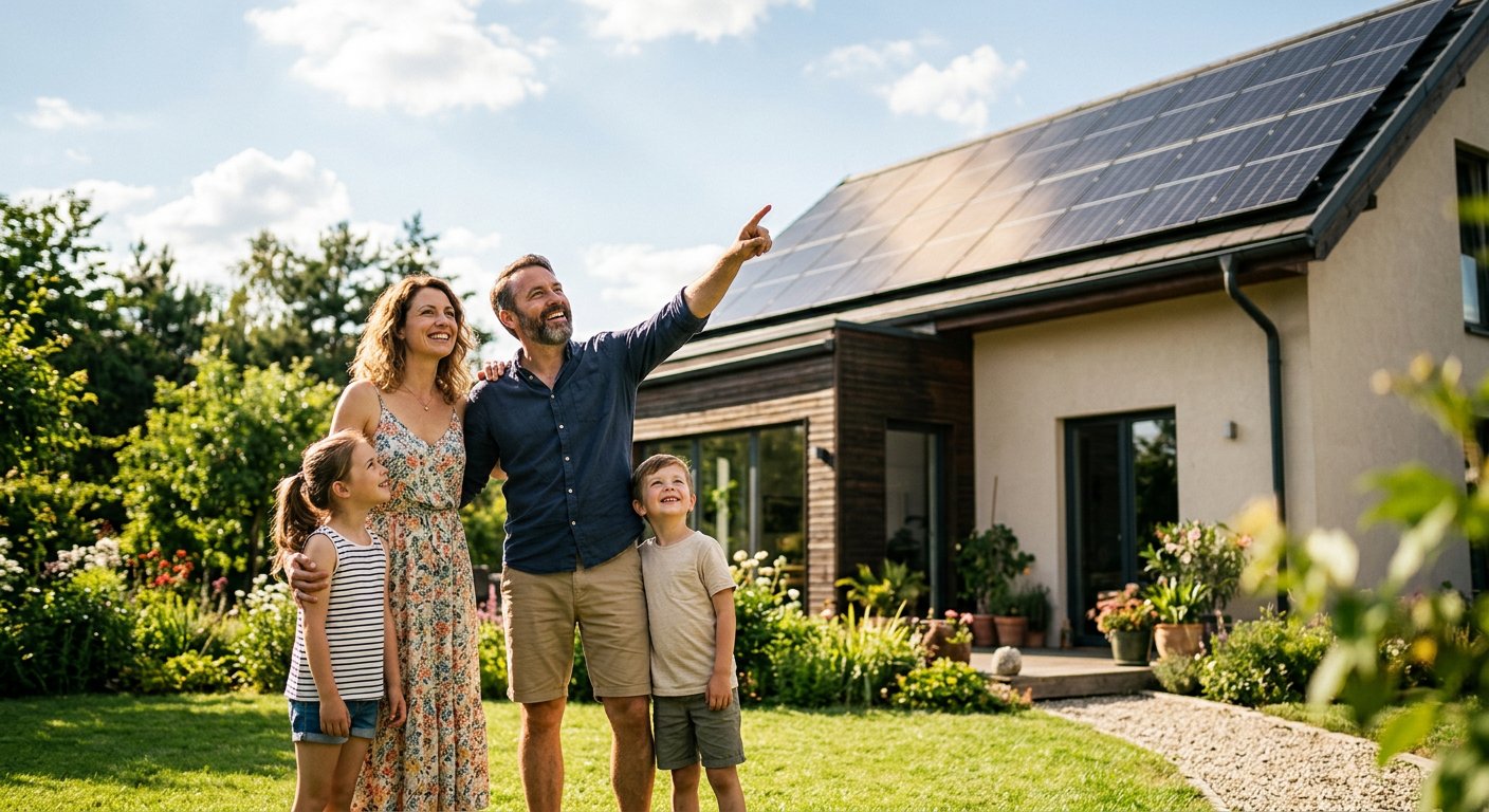 Family looking up at solar panels installed on their home roof