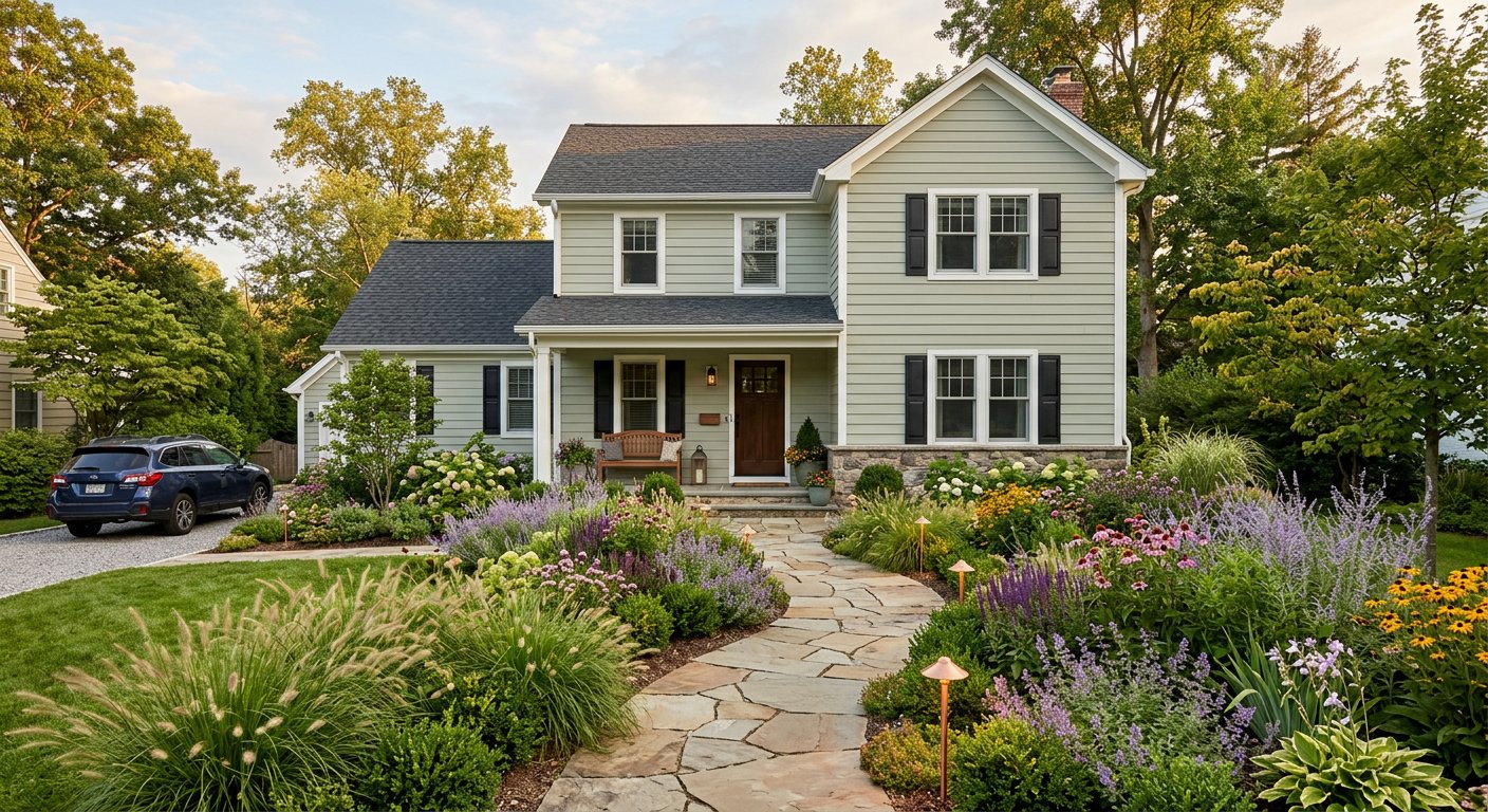 Renovated home exterior with landscaped garden in Central New York