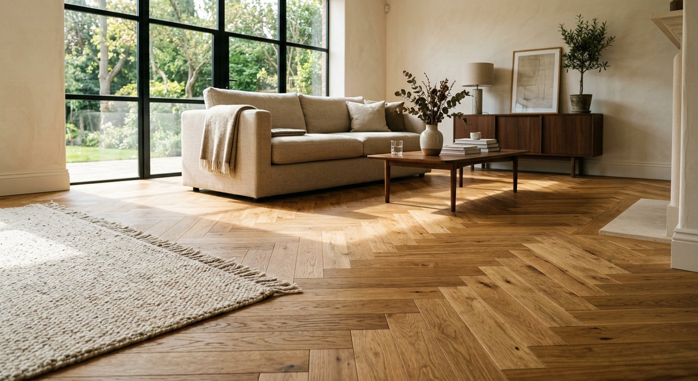 Herringbone oak hardwood flooring in a renovated living room