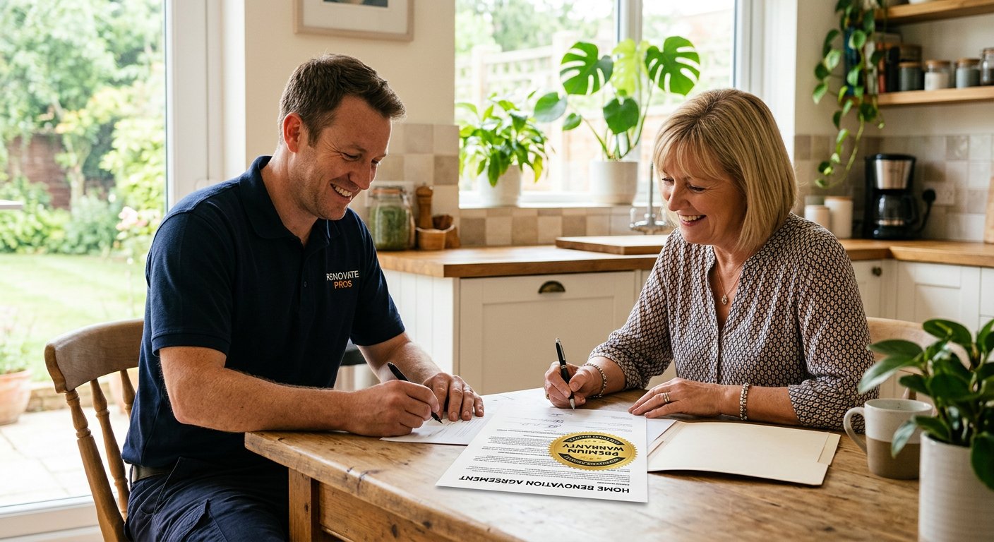 Homeowner and contractor signing a renovation contract with warranty