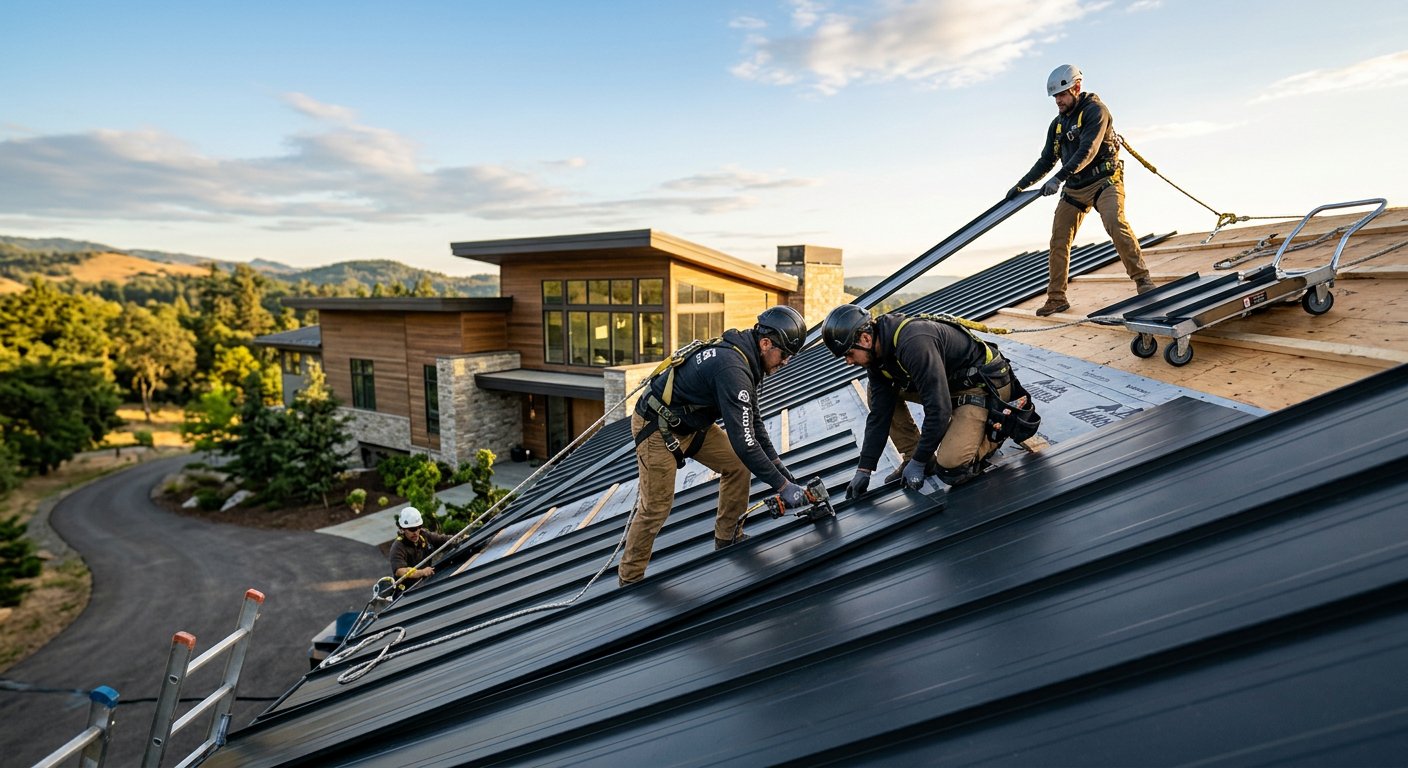 Crew installing new standing seam metal roof on a Syracuse home