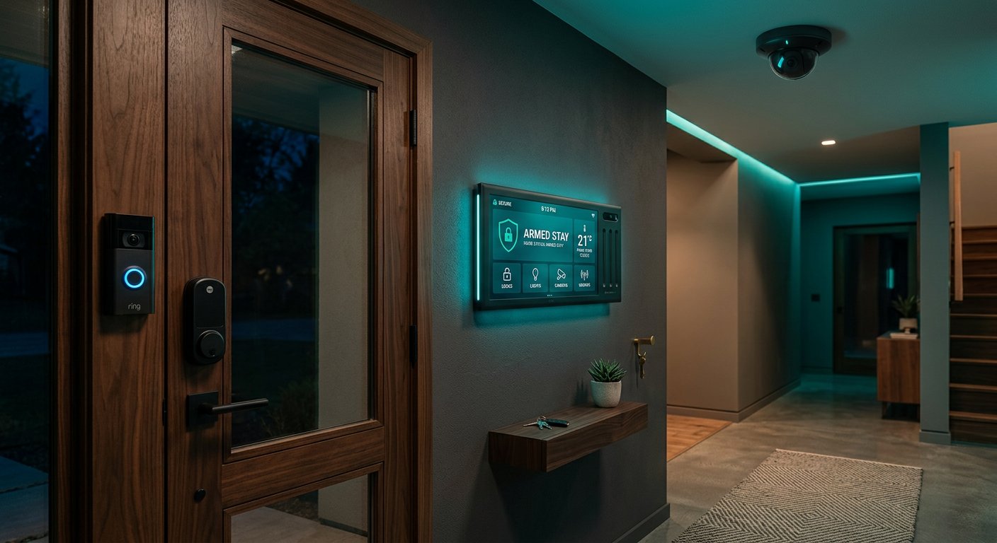Smart home security system installed in a modern entryway