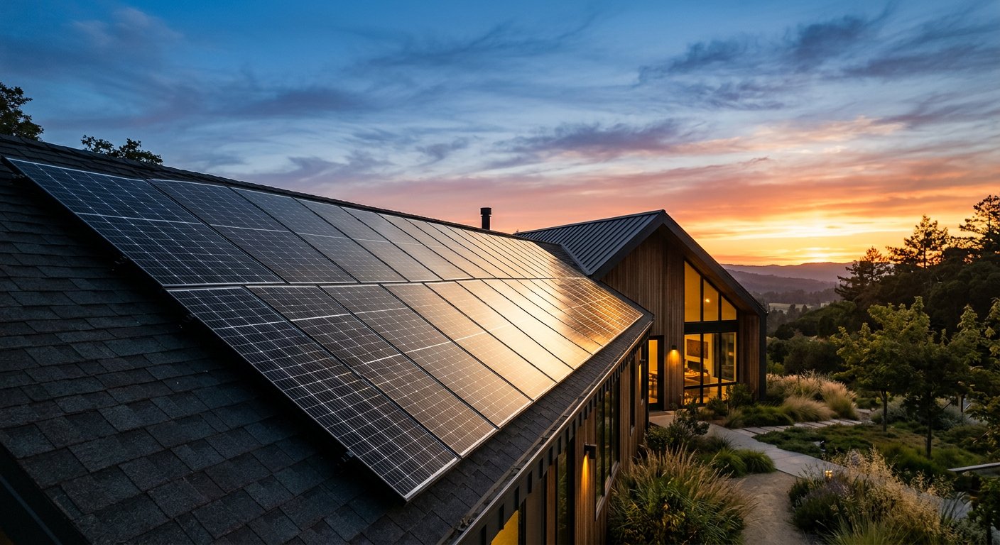 Solar panel installation on a modern home roof at sunset