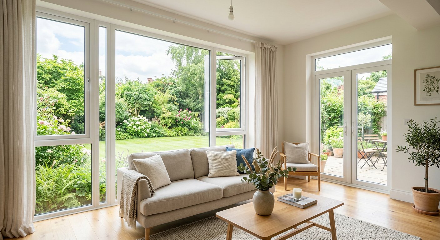 New energy-efficient windows installed in a bright renovated living room